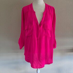 Torrid Harper Bright Pink Pullover Blouse Top Roll Tab Sleeve Plus Size 2 2X
